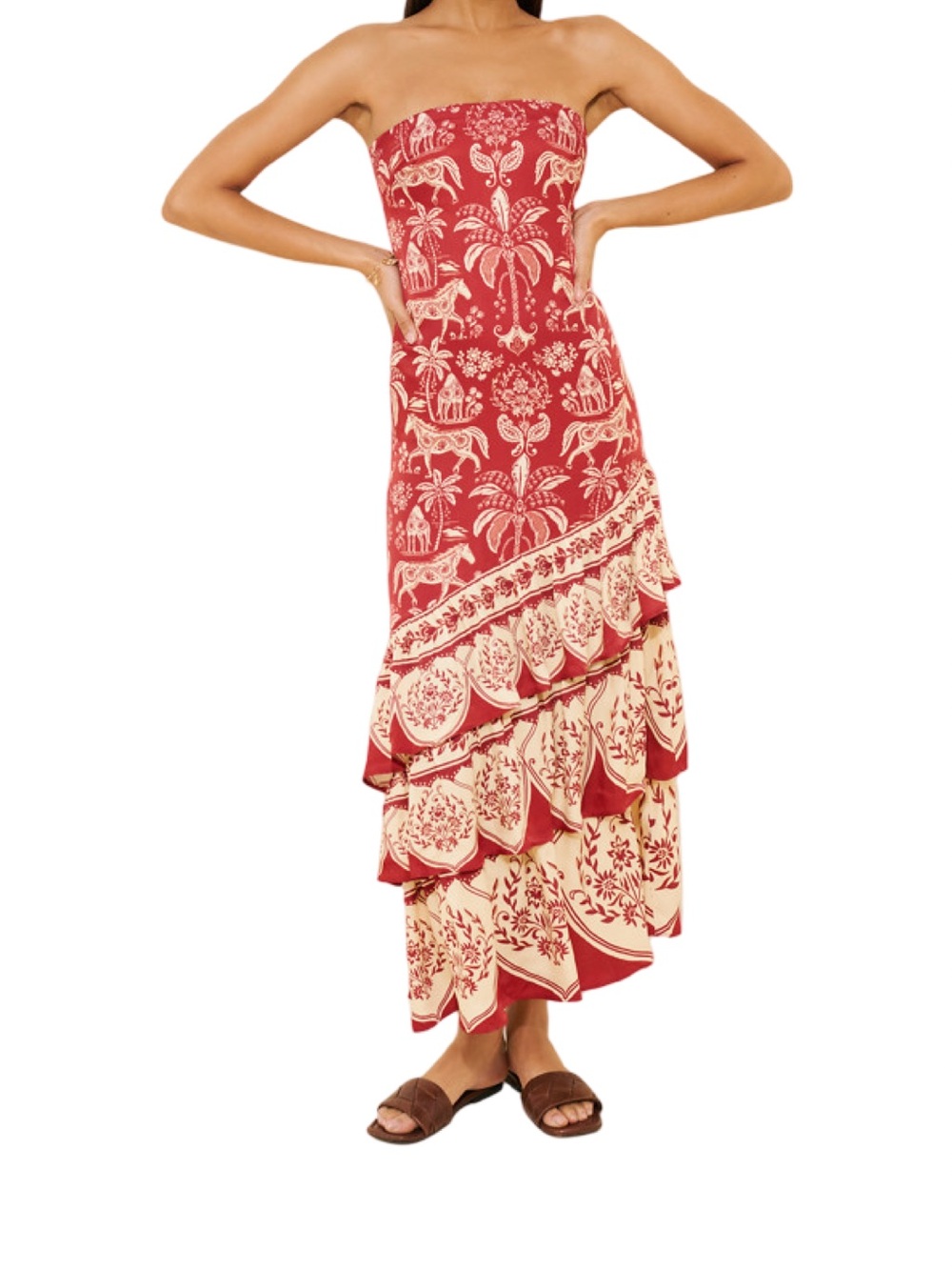 FARM Rio Haras Strapless Printed Tiered Maxi Dress